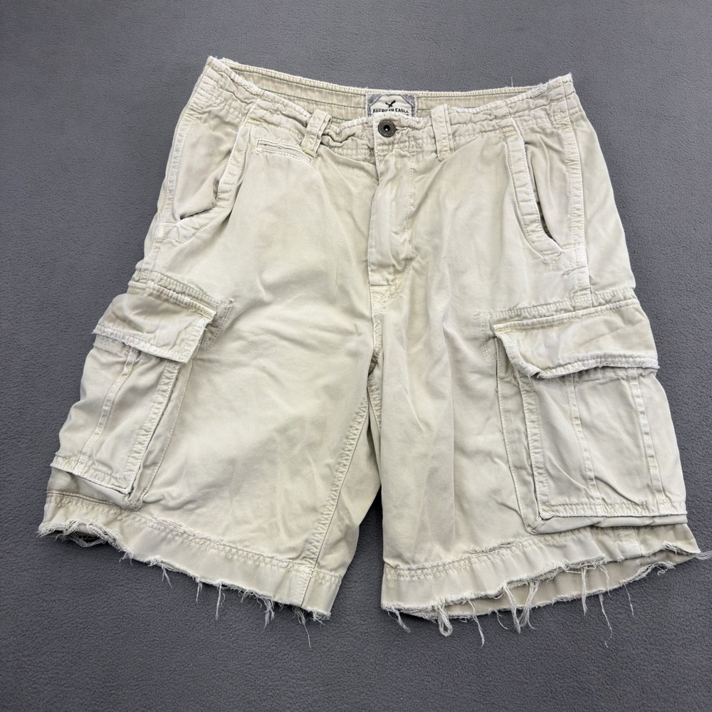 American Eagle AE3 Cargo Shorts Mens 33 Khaki Tan Military 7 Pocket Frayed Hem